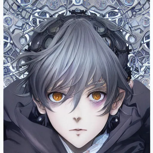 Image similar to violet evergarden, kyoto animation key, techwear occultist, chaos magick, leviathan cross, androgynous, beautiful, detailed symmetrical close up portrait, intricate complexity, in the style of artgerm and ilya kuvshinov, cel shaded