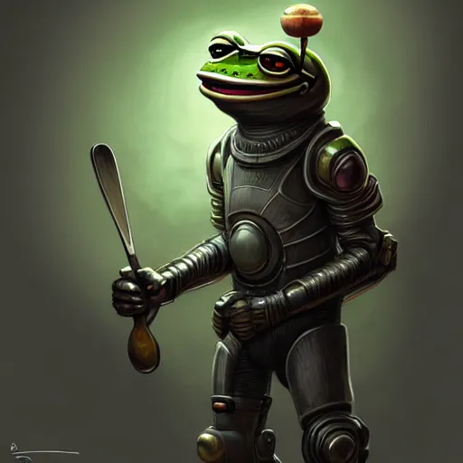 Image similar to Glad pepe with a spoon wearing futuristic power armor, fantasy, intricate, highly detailed, digital painting, trending on artstation, sharp focus, illustration, style of Stanley Artgerm and Greg Rutkowski and Dan Mumford