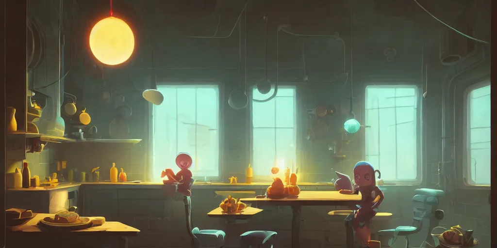 Image similar to cute solitary kitchen dim lit by a candle ripped physique simon stalenhag gerald brom bastien grivet by greg rutkowski, game background fisheye lens, low angle, day of the tentacle, 3 point perspective