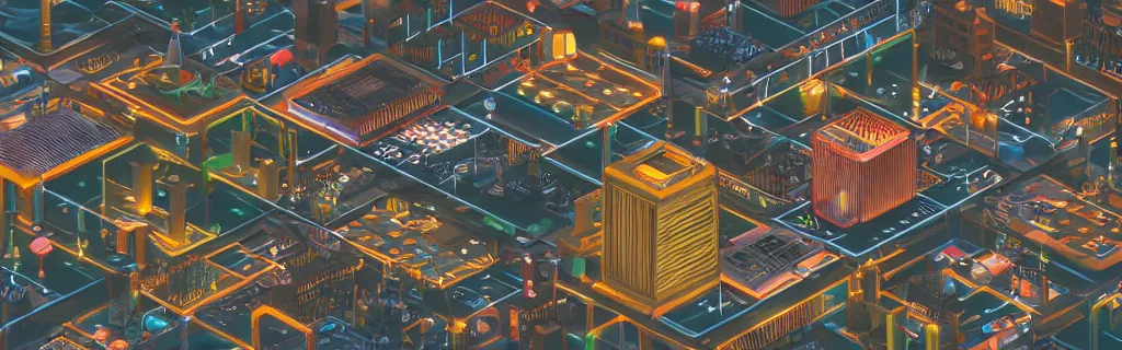 Image similar to a digital matte painting of a complex isometric architecture made of circuit boards and embedded LEDs in a busy modern city, #isometric