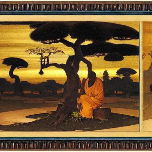 Image similar to Old African gardener cutting bonsai trees, isyllic Garden, by Annie Swynnerton and Nicholas Roerich and jean delville, glowing paper lanterns, strong dramatic cinematic lighting , ornate tiled architecture, lost civilizations, smooth, sharp focus, extremely detailed