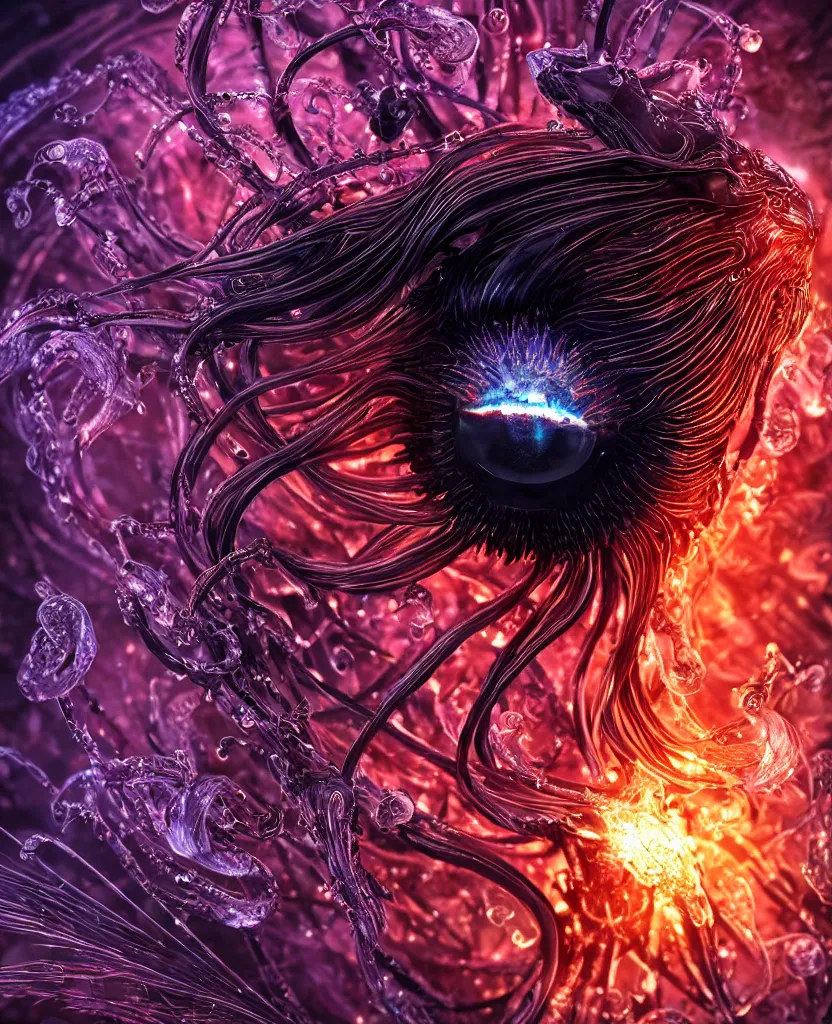 Prompt: close-up macro portrait of the face of a dark queen princess, epic angle, epic pose, symmetrical artwork, 3d with depth of field, blurred background. cybernetic jellyfish phoenix bird, translucent, nautilus. energy flows of water and fire. a highly detailed epic cinematic concept art CG render. made in Maya, Blender and Photoshop, octane render, excellent composition, cinematic dystopian brutalist atmosphere, dynamic dramatic cinematic lighting, aesthetic, very inspirational, arthouse. y Greg Rutkowski, Ilya Kuvshinov, WLOP, Stanley Artgerm Lau, Ruan Jia and Fenghua Zhong