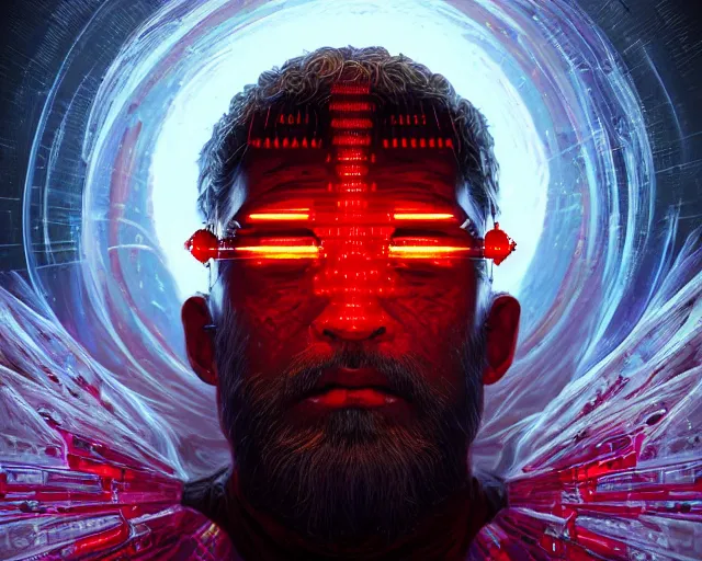 Image similar to portrait of fantasy wizard with halo of red cubes intricate abstract. intricate artwork, by tooth wu, wlop, beeple, dan mumford. concept art, octane render, trending on artstation, greg rutkowski very coherent symmetrical artwork. cinematic, key art, hyper realism, high detail, octane render, 8 k, iridescent accents