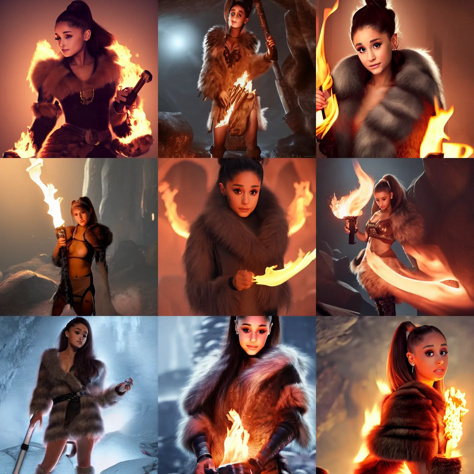 Prompt: Ariana Grande wearing a fur barbarian tunic holding a glowing fire torch. In a dark cave. Trending on Artstation octane render ultra detailed art by Ross Tan