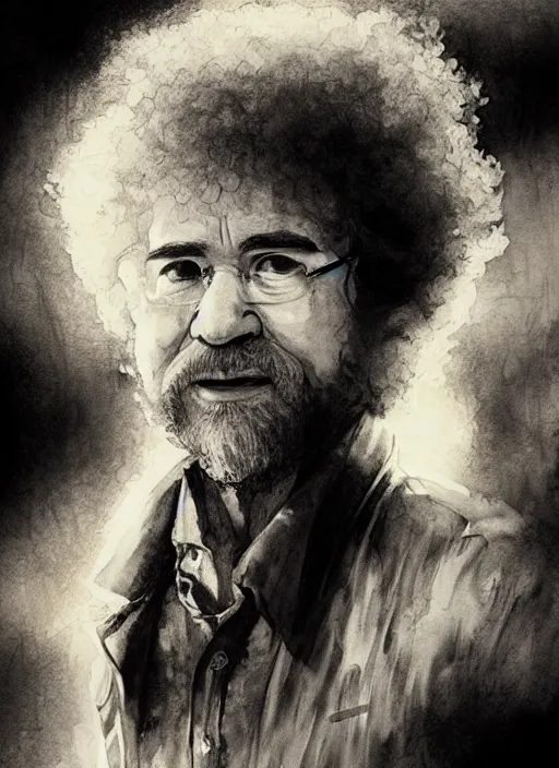 Image similar to portrait, BoB Ross, Using Stable Diffusion to paint, watercolor, dramatic lighting, cinematic, establishing shot, extremly high detail, foto realistic, cinematic lighting, pen and ink, intricate line drawings, by Yoshitaka Amano, Ruan Jia, Kentaro Miura, Artgerm, post processed, concept art, artstation, matte painting, style by eddie mendoza, raphael lacoste, alex ross