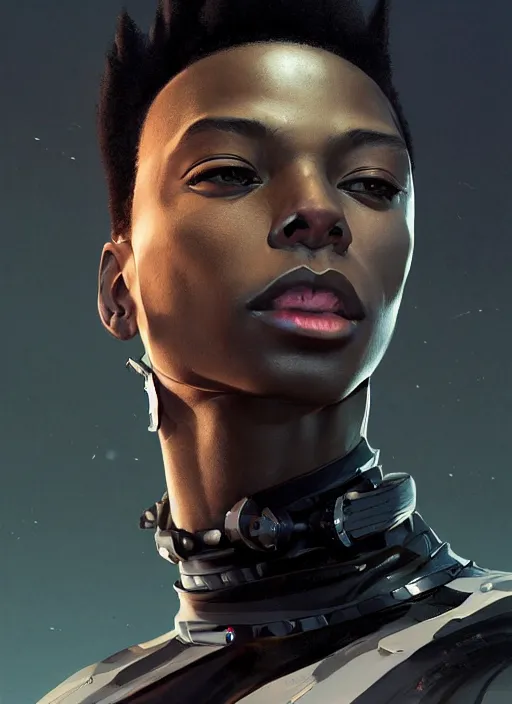 Prompt: profile of a young black man with a mohawk and solid black irises, wearing futuristic techwear highly detailed, angular jawline, digital painting, artstation, concept art, smooth, sharp focus, illustration, art by wlop, uang guangjian and gil elvgren and sachin teng and greg rutkowski
