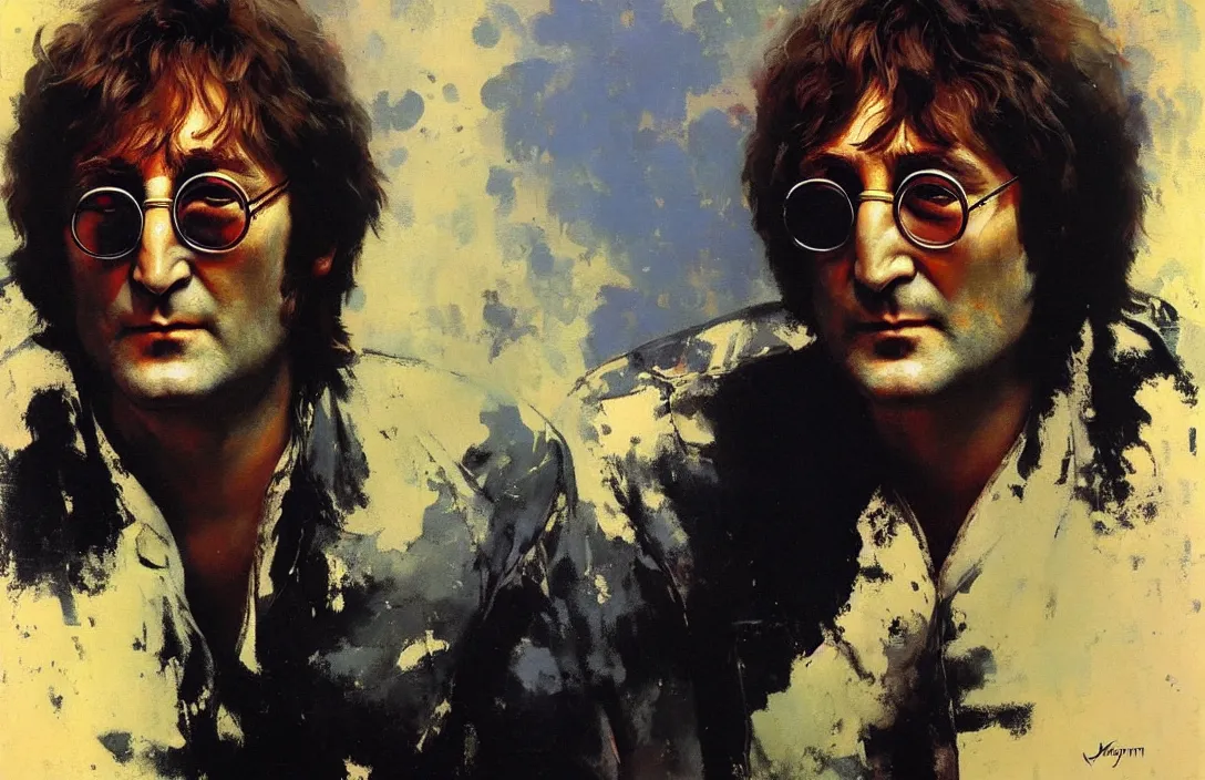 Image similar to portrait of john lennon!!!!!!!!!!!!!!!!!!!!!!!!!!!, detailed face, detailed painting,, epic lighting, by ilya repin, phil hale and kent williams