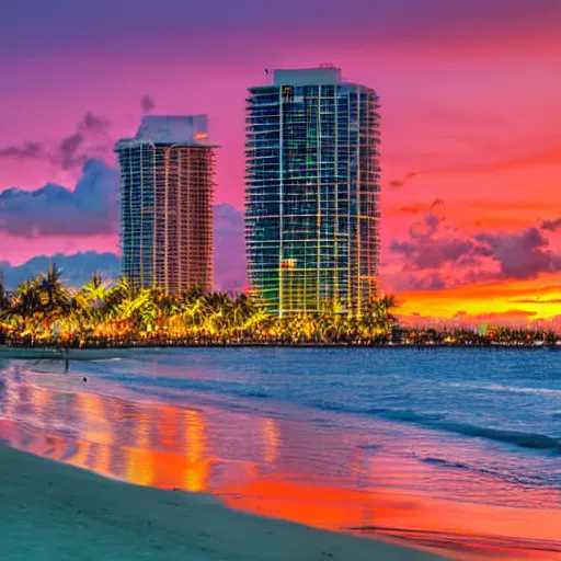 Image similar to miami beach at sunset, 4 k, high detail, high - resolution photograph, professional photography, ultra - detail