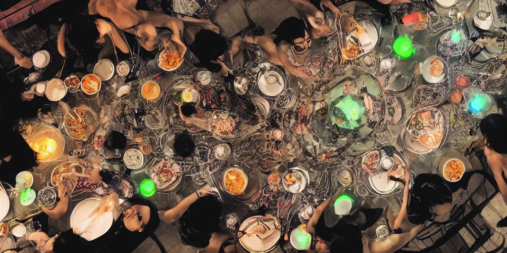 Image similar to !13 diverse bro, why?! what's wrong with people, !one_side of a !marble table, eating luxurios food !!posing cinematic lighting, intricate cables adorne their bodies and heads, neon, detailed implants, satin, crystal, liquid, surreal, floating, !!highly detalied,