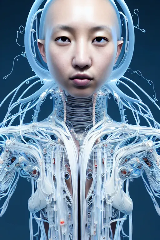 Image similar to young asian woman, iris van herpen, beautiful face, perfect symmetrical body, full body shot, inflateble shapes, wires, tubes, veins, jellyfish, white biomechanical details, wearing epic bionic cyborg implants, masterpiece, intricate, biopunk, vogue, highly detailed, artstation, concept art, cyberpunk, octane render