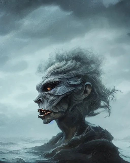 Image similar to a close up portrait of a creepy grotesque sea witch with dark turbulent skies, photorealistic, by jessica rossier, 4 k resolution