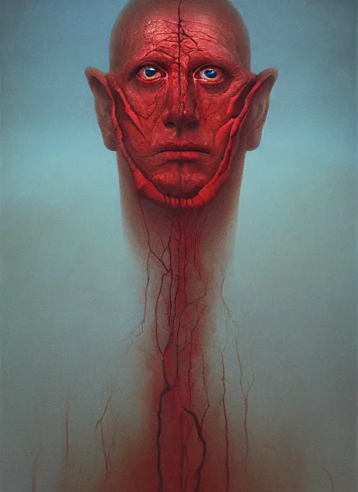 Image similar to lord loss, king of sorrow, book portrait, pale red, lumpy skin, he has very dark - round red sad eyes with even darker red pupils. tiny cracks in skin seep, symmetric lights and fog, in the style of zdzislaw beksinski, glowing light and shadow, hyperrealist, 8 k