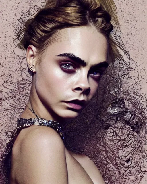 Image similar to cara delevingne wearing epic haute couture by Alexander McQueen, extremely beautiful and proportionate face, in the aesthetic of mert and marcus, masterpiece, intricate, elegant wardrobe, highly detailed, digital painting, artstation, concept art, smooth, sharp focus, illustration, art by artgerm and james jean and greg rutkowski and alphonse mucha