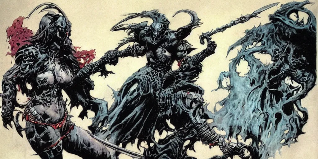 Image similar to female death dealer by frank frazetta, fully colored, hyperdetailed