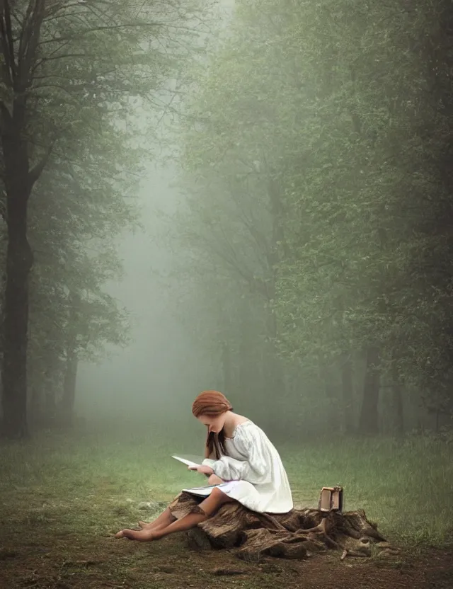 Image similar to peasant Girl in white reading a book sitting on a tree in a foggy forest, Cinematic focus, Polaroid photo, vintage, neutral colors, soft lights, by Steve Hanks, by Serov Valentin, by lisa yuskavage, by Andrei Tarkovsky 8k render, detailed, oil on canvas