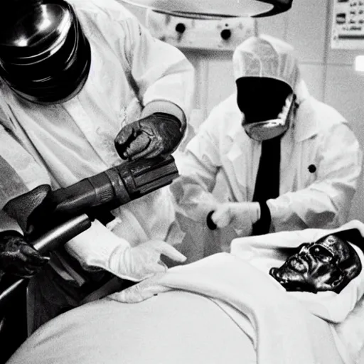 Image similar to photo of an alien autopsy, black and white, wide angle