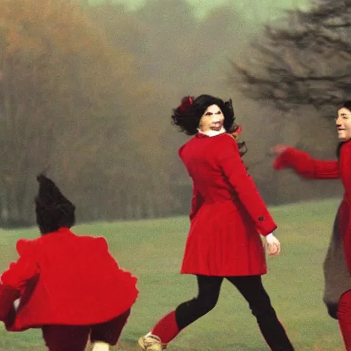 Prompt: sprinting women, wearing red coats,