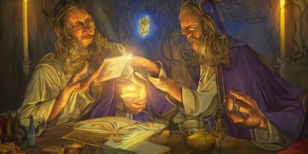 Image similar to wizard performing a tarot reading, cards, fantasy, digital art, soft lighting, 8 k