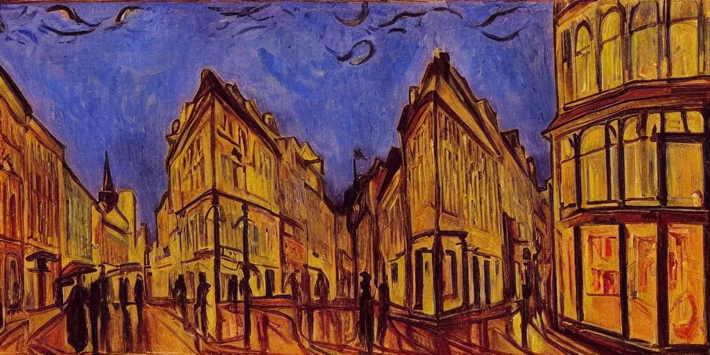 Image similar to a street scene in the first district of vienna, twilight, lights in windows, style of edvard munch, the storm