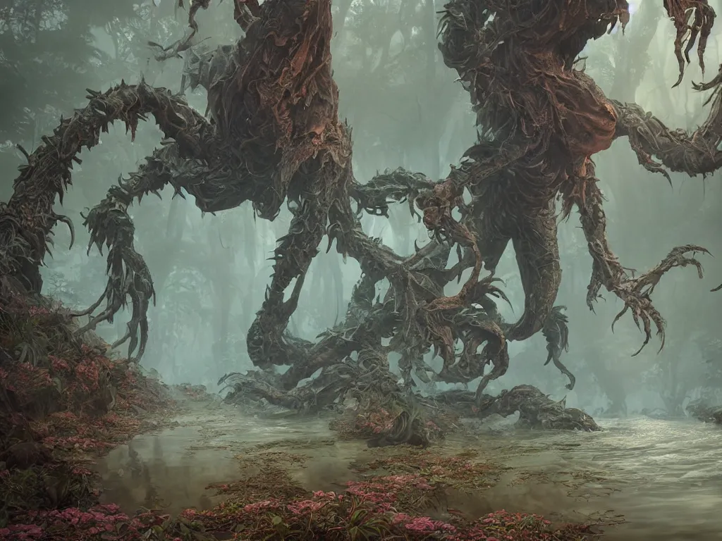 Prompt: scary mystycal monster with many limbs with elemental magic hunting in foggy river. vaporwave, unreal engine 5, art by artgerm and greg rutkowski and alphonse mucha, hdr global illumination, detailed and intricate environment. hyperrealistic, volumetric lighting. epic cinematic shot, perfectly defined features, ambient occlusion