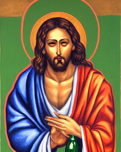 Image similar to detailed painting of jesus christ holding up a green bottle