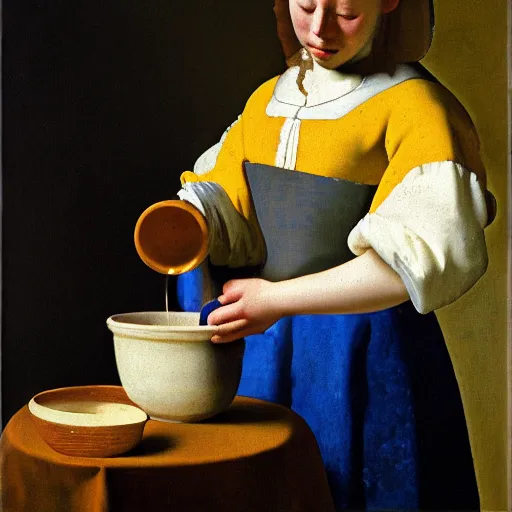 Prompt: a closeup portrait of a milkmaid pouring milk from a pot into a bowl, by johannes vermeer, quiet calm composition, milk flowing into a bowl, dramatic lighting, northern netherlands school of art, 1 6 6 0, oil on canvas, highly detailed, intricate, sharp focus, trending on artstation