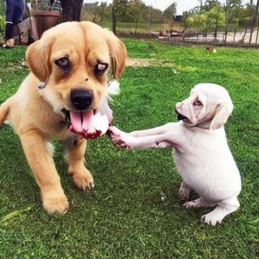 Prompt: a cute friendly zombie playing with a puppy