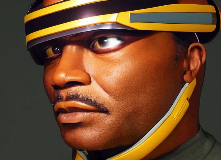 Prompt: a hyper realistic ultra realistic photograph of Commander Geordi La Forge wearing his visor, highly detailed, 8k photograph