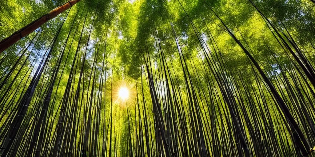 Image similar to ultra wide angle photo of the shunan bamboo forest, majestic!!! beautiful!!!, ethereal!!! ultra realistic, golden hour, volumetric lighting, sharp focus, in the style of national geographic, large format camera