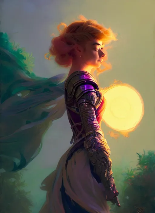 Image similar to side portrait, imogen poots, paladin, fantasy, gloomhaven, luminescent, organic painting, gaudy colors, by greg manchess, huang guangjian, gil elvgren, sachin teng, greg rutkowski, jesper ejsing, ilya kuvshinov