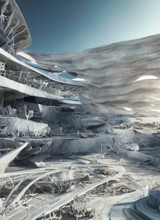 Image similar to bioremediation white mining tailing futuristic architecture in chuquicamata, epic, cinematic, hyperealistic, high detailed, corona render, hdr, ray tracing