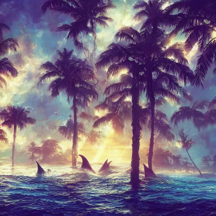 Image similar to dolphins swimming, golden hour, god rays, by artgerm and ruan jia and ismail inceoglu and greg olsen, palm trees, cosmos, milky way galaxy, masterpiece, beautiful, intricate, elegant, highly detailed