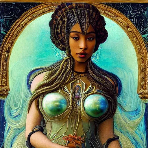 Prompt: intricate detail, hyper detail, african sybil, lady of elche techno mystic princess intergalactica, wearing labradorite full body armor,, with aqua neon rapunzel dreadlocks, detailed, by sandro botticelli, gaston bussiere, h. r. giger, masterpiece, sharp focus,