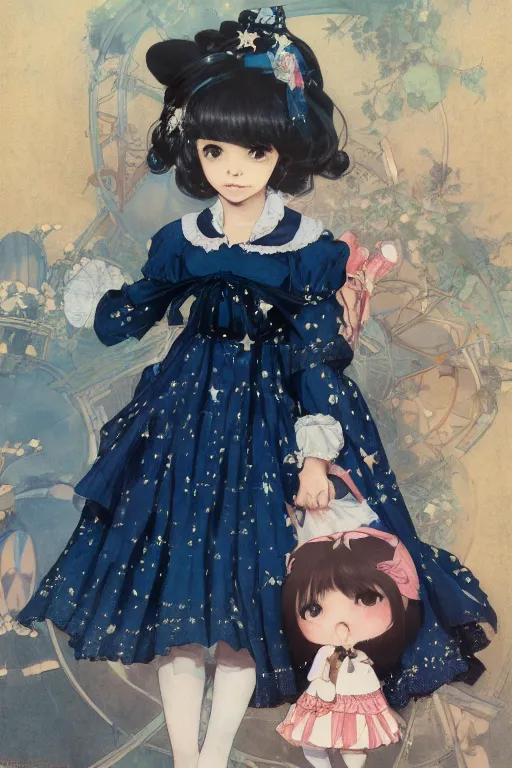 Prompt: a character design of black - haired little girl in a blue lolita dress with stars and petticoat holding a doll sitting on the subway by krenz cushart and mucha and akihito yoshida and greg rutkowski, detailed eyes, 4 k resolution