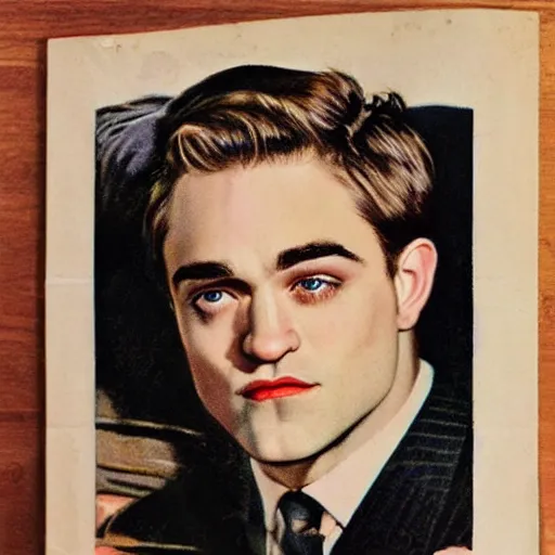 Image similar to “Robert Pattison portrait, color vintage magazine illustration 1950”