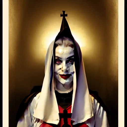 Image similar to Masterpiece Portrait Harley Quinn as a nun, dark fantasy, medium shot, intricate, elegant, highly detailed, digital painting, volumetric light, artstation, concept art, smooth, sharp focus, illustration, art by Gil Elvgren and Greg Rutkowski and Alphonse Mucha