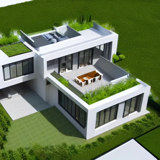 Prompt: isometric view, render of a beautiful modern home designed for aesthetics, energy efficiency and maximizing plants and greenery, cg render, high resolution, professional