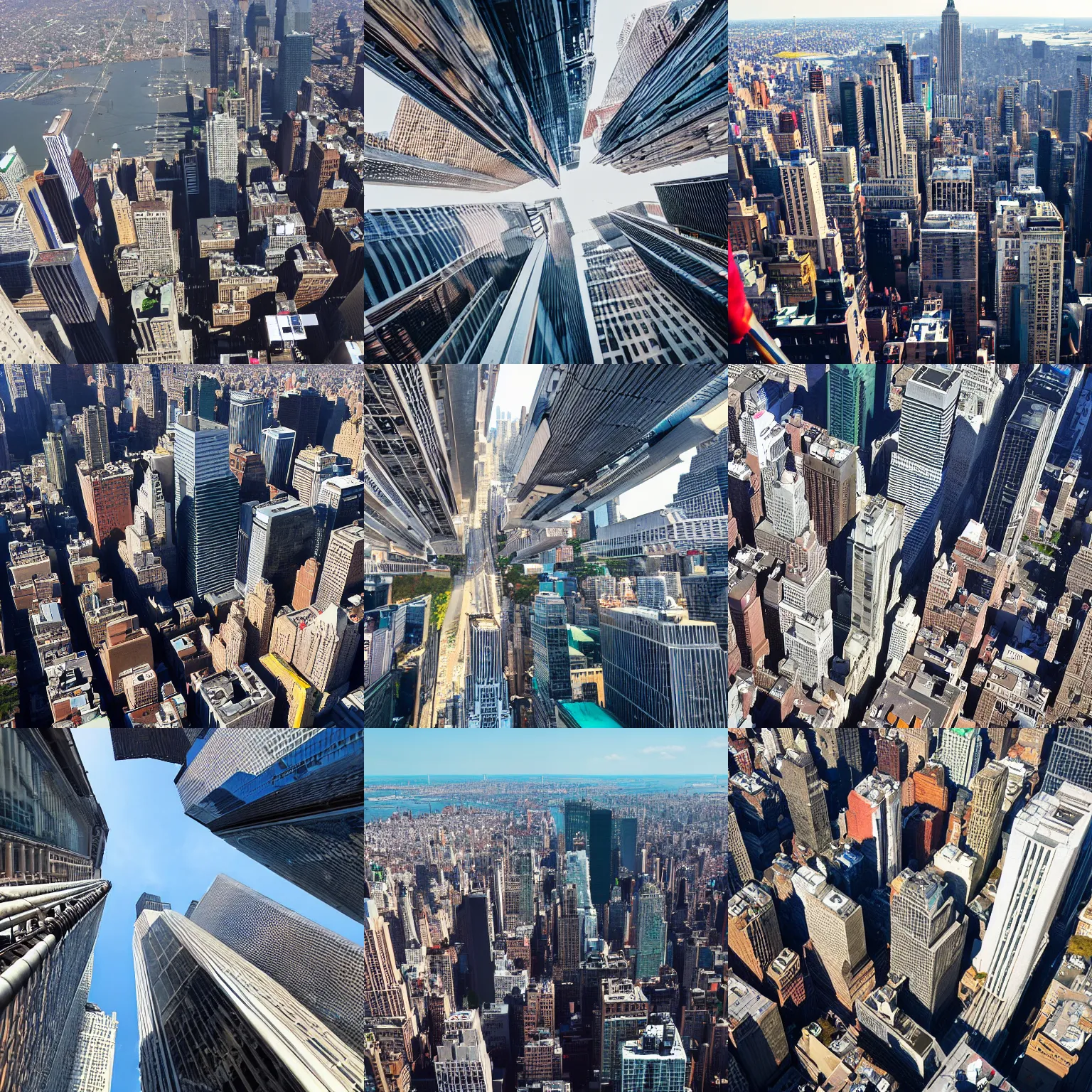 Prompt: first person view, flying low to busy street between sky scrapers in new york city