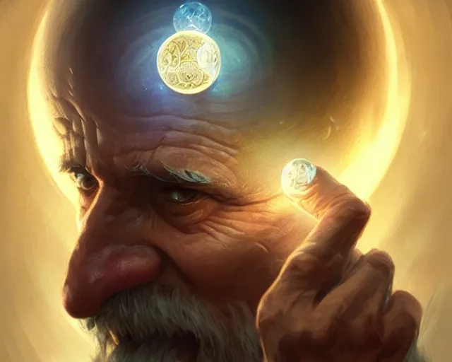 Image similar to old man holding a reflective orb, deep focus, d & d, fantasy, intricate, elegant, highly detailed, digital painting, artstation, concept art, matte, sharp focus, illustration, hearthstone, art by artgerm and greg rutkowski and alphonse mucha