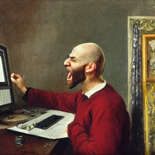 Image similar to an angry man yells at his computer monitor, oil on canvas, 1 8 8 3, highly detailed