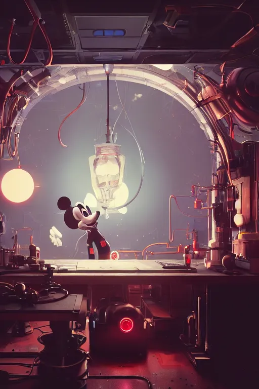 Image similar to bunch of mechanics operating bloody mickey mouse head in science facility, big glowing netflix logo behind, greg rutkowski, beeple, gilleard, alphonse mucha cgsociety, unreal engine, octane render, highly detailed 4 k art, smooth, sharp focus, cinematic lighting,