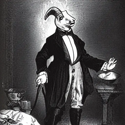 Image similar to Photo of a goat-headed victorian-style magician in a dimly lit room of a gothic castle