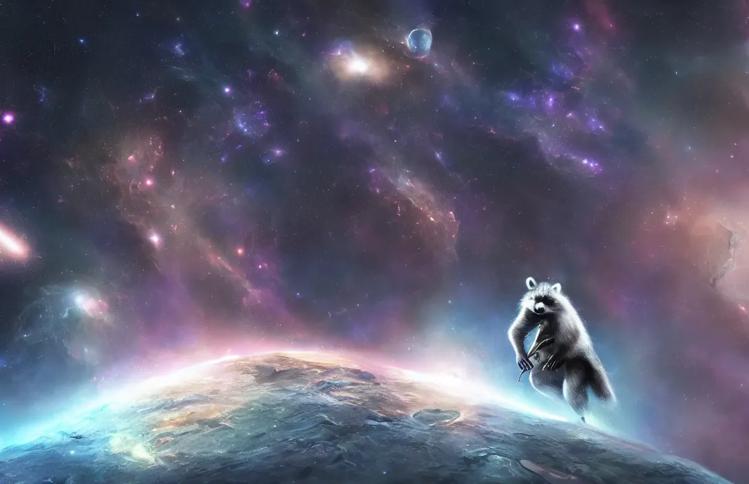 Image similar to A digital concept art painting a space cosmic racoon in the stars 4K UHD image, unreal engine