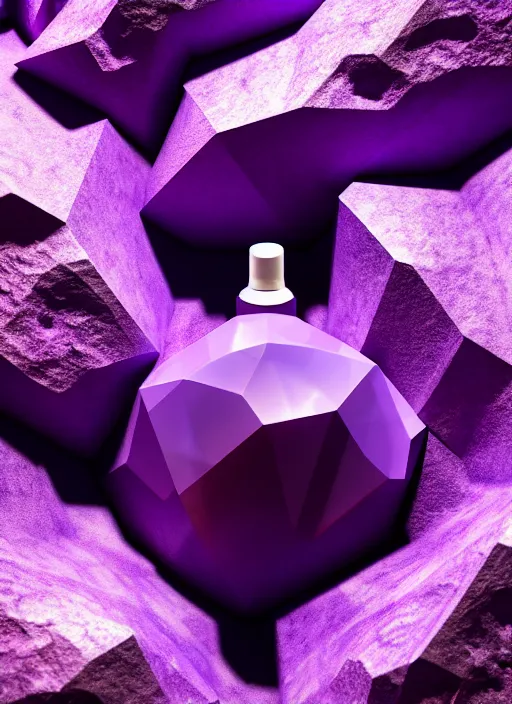 Prompt: perfume bottle in a purple geode cave, up close shot, sharp focus, global illumination, radiant light, alexandre ferra white mecha, irakli nadar, octane highly render, 4 k, ultra hd,