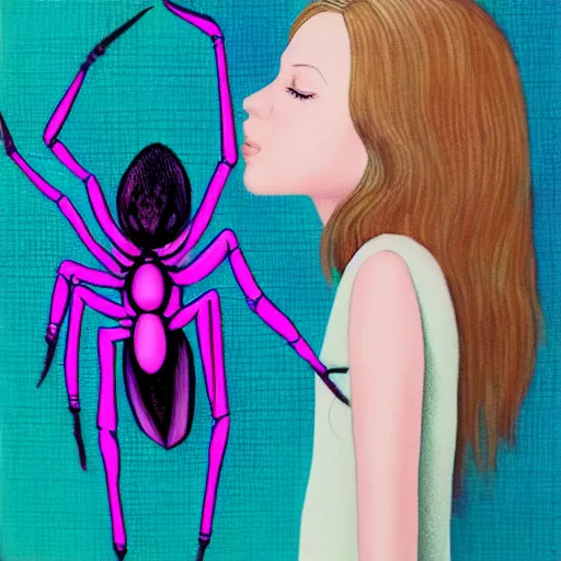 Image similar to a girl with a spider, xilography, bright pastel colors