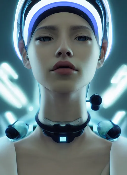 Image similar to white one cast futuristic biomechanic future human, beautiful face, female, futuristic, neon lights, cyberpunk, 8 k, digital painting, by beeple and makoto shinkai, trending on cg society, glamour pose, fashion photography, high fashion, canon r 3, photorealistic, hyper realisitic, 3 / 4 shot, full body, wide angle shot