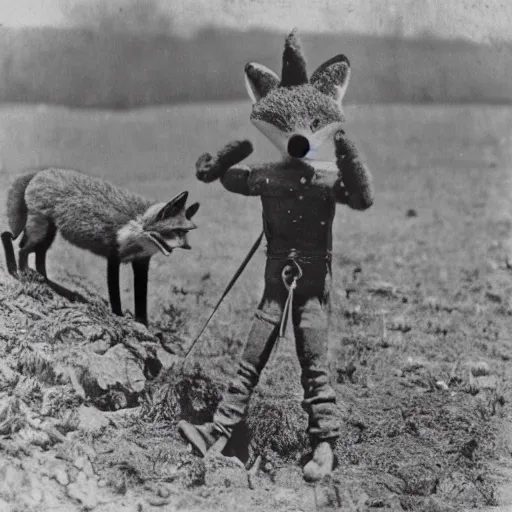 Image similar to humanoid fox doing fieldwork, 1910s film still