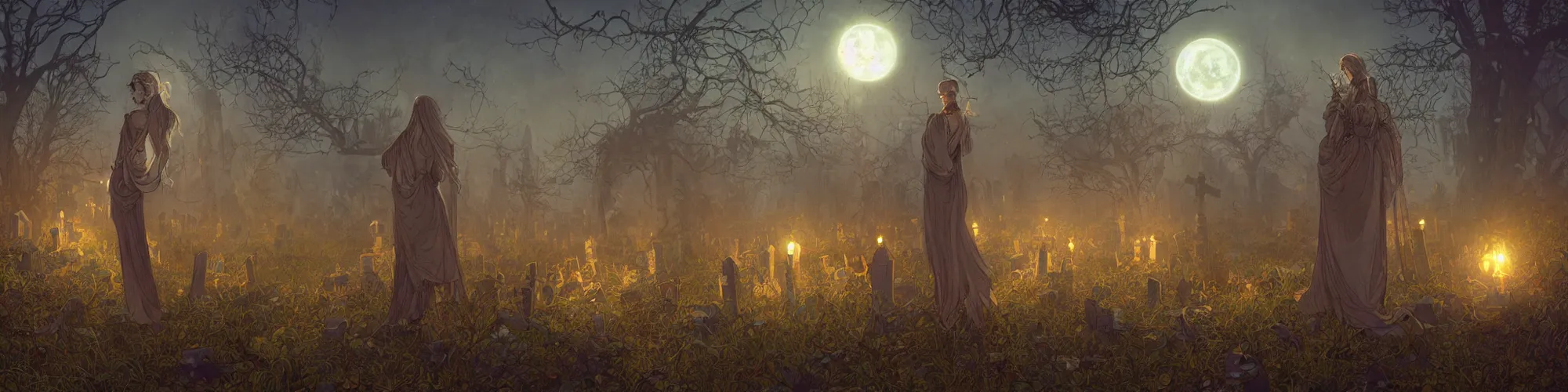 Prompt: an ultra detailed animation of a glowing apparition in a graveyard at midnight on halloween, tattoo on shohulder, digital art, dark fantasy, concept art, soulslike, by alphonse mucha, blood moon eclipse, ruined building in the background, artstation, 8 k, unreal engine render