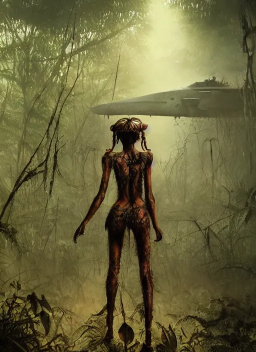 Prompt: a tribal woman from behind, in front of the aircraft carrier USS Nimitz overgrown with vegetation on the ground of a tropical forest, post appocalyptic, by Luis Royo, by Greg Rutkowski, dark, gritty, intricate, backlit, strong rim light, cover illustration, concept art, volumetric lighting, volumetric atmosphere, sharp focus, octane render, trending on artstation, 8k