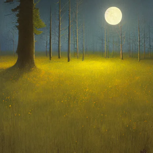 Prompt: Buttercup forest at night, moonlight, Greg Rutkowski, Pablo Picasso, hyperrealism